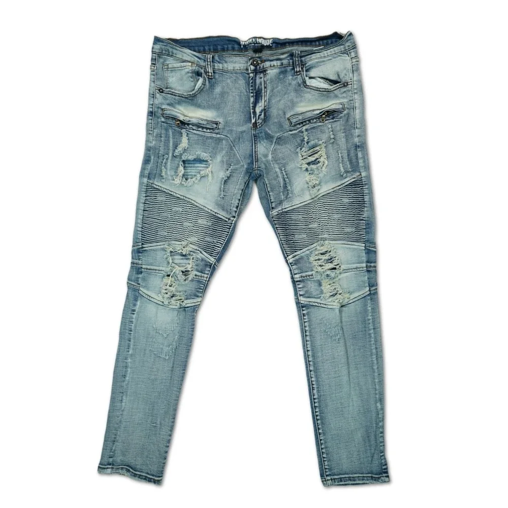 Jewel House Mens Moto‎ Biker Denim Skinny Jeans 40W 34L  Distressed Blue